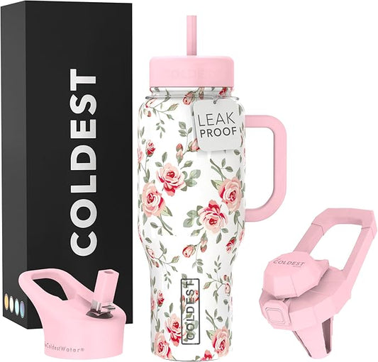 Coldest Tumbler with Handle and Straw - 100% Leak Proof Insulated Tumbler with Lid and Straw (3 Lids) - Stainless Steel Tumblers for Women & Men - Cup Holder Friendly Base, 36 oz (Pink Petals) - Bloomnest