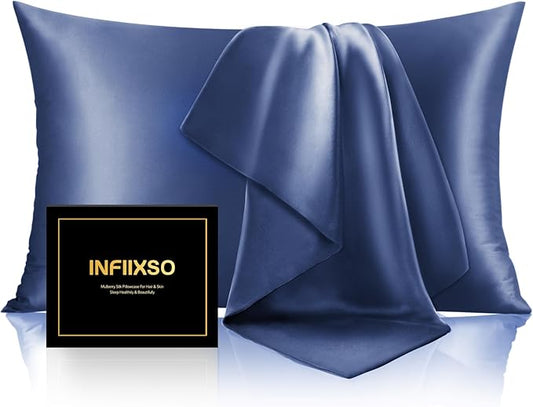 INFIIXSO Silk Pillow Cases 2 Pack Standard Size, Ultra Smooth & Soft Mulberry Silk Pillow Case for Hair and Skin, Breathable Cooling Silk Pillowcase with Hidden Zipper (Navy, 20x26 Inches) - Bloomnest