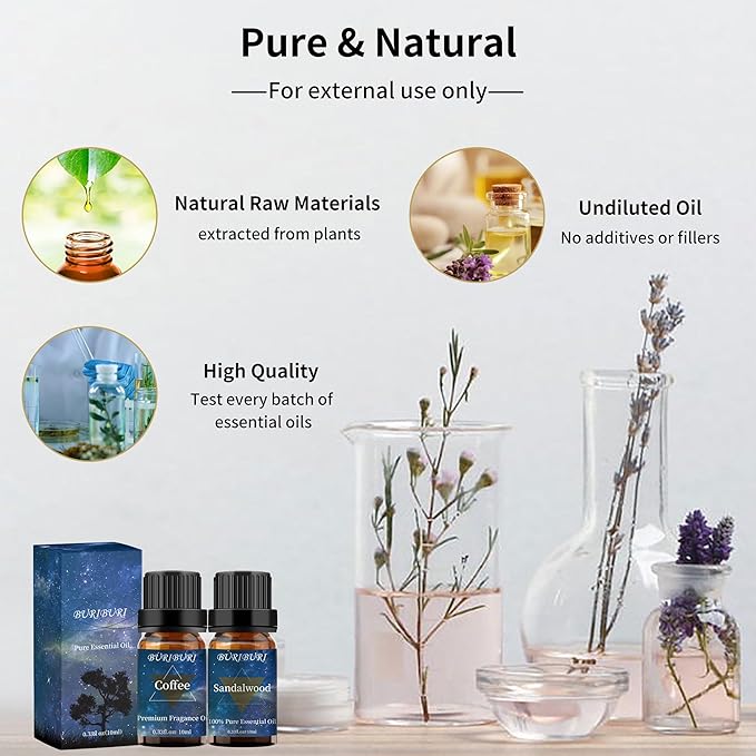 BURIBURI Sandalwood Oil Essential Oil and Coffee Essential Oil 10ml, 100% Pure Coffee Fragrance Oil for Diffuser, Massage BURIBURI