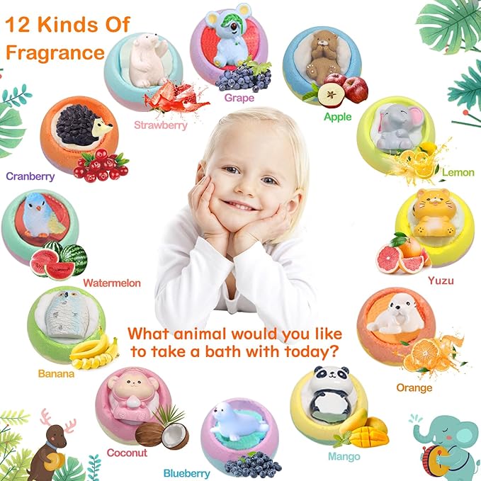 Bath Bombs for Kids with Surprise Inside,12-Pack Natural Organic Kids Bath Bombs with Endangered Animals Toys, Fun & Educational Gift, Ideal Birthday,Christmas,Children's Day Gifts kit - Bloomnest
