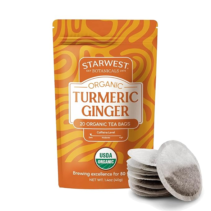 Starwest Botanicals Organic Turmeric Ginger Tea - Caffeine Free Herbal Tea with Turmeric, Cinnamon, & Ginger, Tea with Antioxidant Properties, String Free Sachets, Non GMO - 20 Tea Bags - Bloomnest