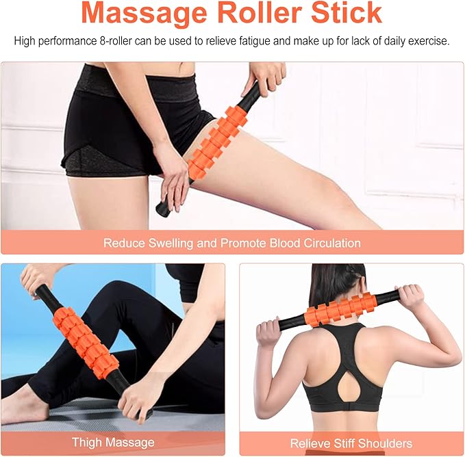 5 in 1 Foam Roller Set Includes Hollow Core Massage Roller, Yoga Stick, Massage Ball, Fitness Stretching Strap, Carrying Bag, Towel, Massage Roller (Orange) - Bloomnest