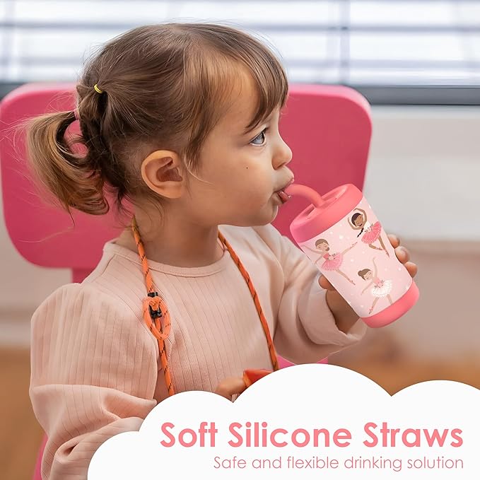 Kid Insulated Stainless Steel Tumbler with Silicone Straw, 12oz Sippy Cup for Kids (Pink Ballerina) - Bloomnest