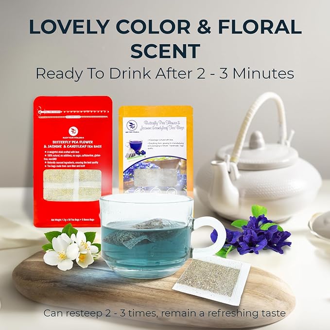 Butterfly Pea Flower Tea Samplers with Jasmine & Stevia - 15 Count, Mini Tea Bags, Bamboo Tong Included, No Sugar Added, Re-Steep Natural Herbal Tea Blend for Skin,Support - Bloomnest