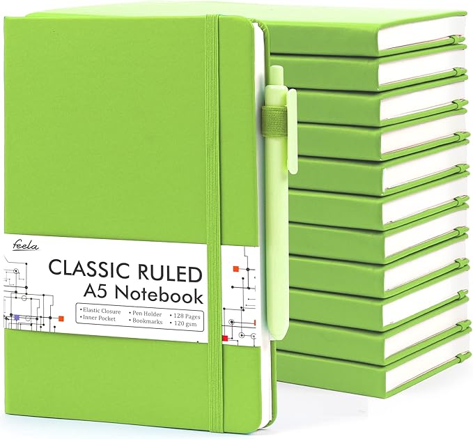 feela 12 Pack Notebooks Journals Bulk, Hardcover Notebook Classic Ruled Lined Journals with Pen Holder for Women Girls School Business Supplies, with 12 Black Pens, 120 GSM, 5.1”x8.3”, A5, Green - Bloomnest