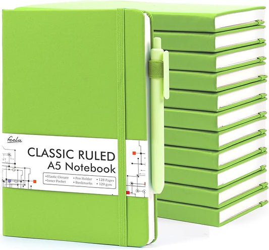 feela 12 Pack Notebooks Journals Bulk, Hardcover Notebook Classic Ruled Lined Journals with Pen Holder for Women Girls School Business Supplies, with 12 Black Pens, 120 GSM, 5.1”x8.3”, A5, Green - Bloomnest