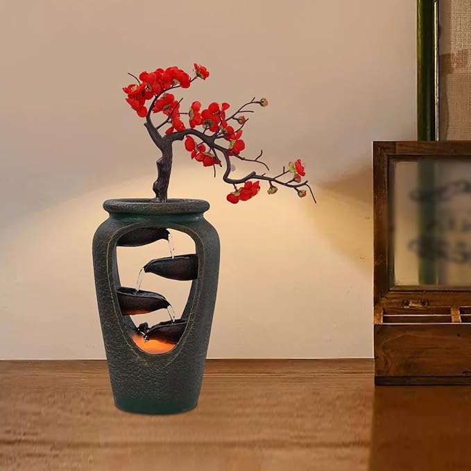 Decorative Indoor Tabletop Fountain, 15.7in Tabletop Wateall Vase Fountains with Simulation Tree Flowers for Living Room, Bedroom, Dining Room (Plum Blossom -B) - Bloomnest
