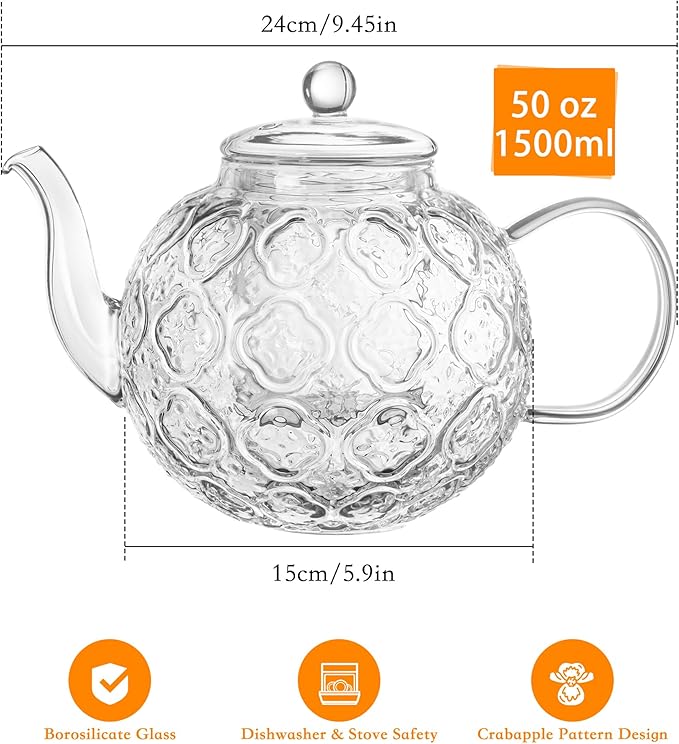 Glass Teapot with Removable Infuser-1500ml Clear GlassTea Pot for Stovetop, Borosilicate Microwave Safe Glass Tea Kettle and Tea Maker for Blooming & loose Tea - Bloomnest