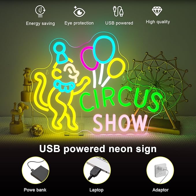 Lucunstar Monkey Neon Sign LED Circus Sign with Clown and Balloons for Theme Park LED Carnival Decor for Play Restaurant College Room Neon light Animal Gifts for Circus Fans Teens - Bloomnest