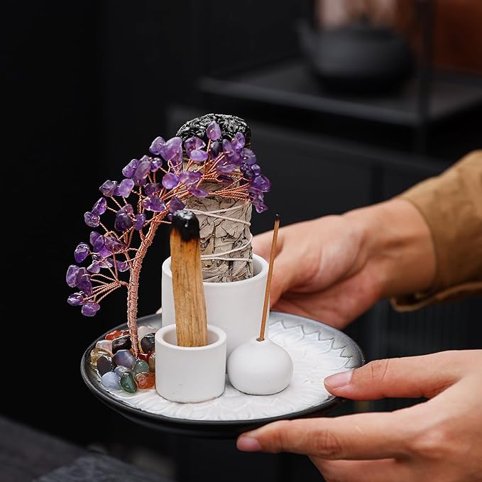 5 in 1 Incense Burner Holder with Crystal Tree for Burning Palo Santo Stick, Sage, Incense Sticks, Candle, Ceramic Tray Ash Catcher, Meditation Gift (Purple) YIENENG