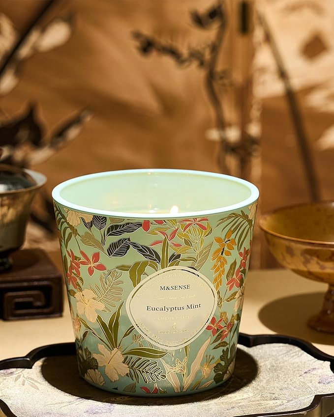 M&SENSE Eucalyptus Mint Scented Candle, 28.2oz 3 Wick Natural Soy Wax Large Candles, Long Lasting Clean Slow Burning No Toxic Décor for Home Relaxation, Romantic Dates Gift-Giving - Bloomnest