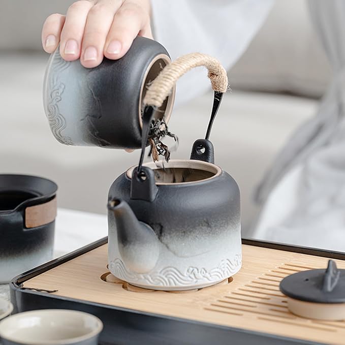 LURRIER Gongfu tea sets, Portable Ceramic TeaSet, Asian Tea sets for adult, Tea Gift sets, Grey leather case, Portable Travel Bag,Home,Gifting,Outdoor and Office(Black and White) - Bloomnest