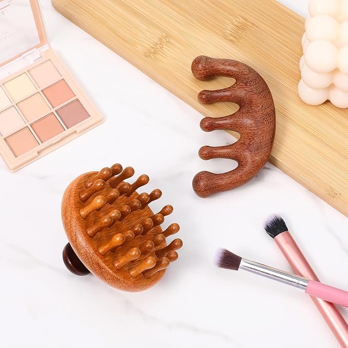 Trinkrittey 2 Pack Wooden Scalp Massager Comb Wooden Hair Brush Head Gua Sha Brush Hair Scrubber Portable Handheld Hairs Growth Tool for Women Men Hairs Growth Stress Relief Spa Bloomnest