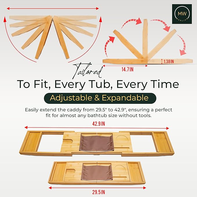 Luxury Foldable Bamboo Bathtub Tray - Wine Glass and Tablet Holder, Spa Bath Caddy for Relaxation, Gifts for Her, Him, Couples, Adjustable and Waterproof, Perfect for Birthdays, Weddings, Housewarming - Bloomnest