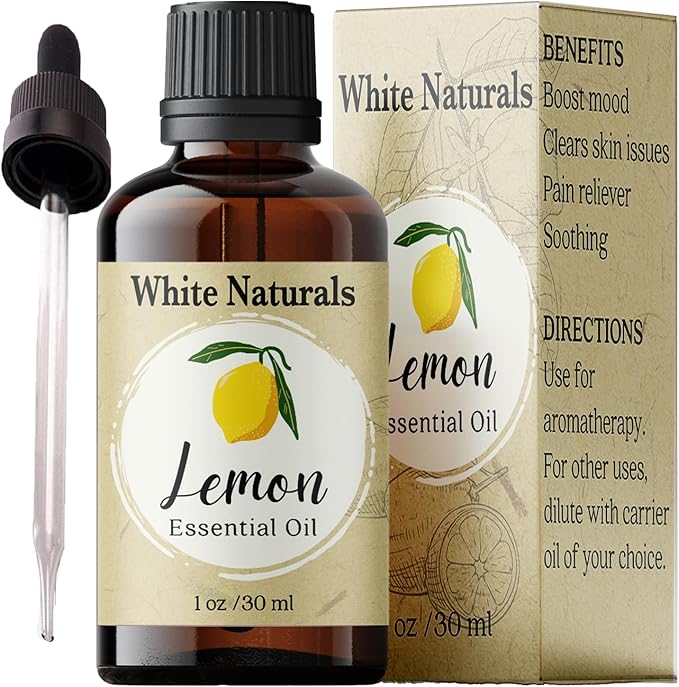 Organic Lemon Essential Oil by White Naturals, 100% Natural and Pure, Therapeutic Grade for Aromatherapy, Massage, Household Cleaning, Hair Care, Skincare, DIY Soap Making & Diffuser, Vegan 1 Ounce - Bloomnest