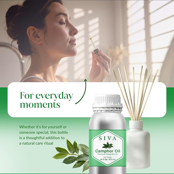 Siva Camphor Essential Oil - 16 Fl Oz – 100% Natural Camphor Oil - for Diffuser, Face, Skin Care, Aromatherapy, Hair Care, Scalp and Body Massage SIVAOrganics