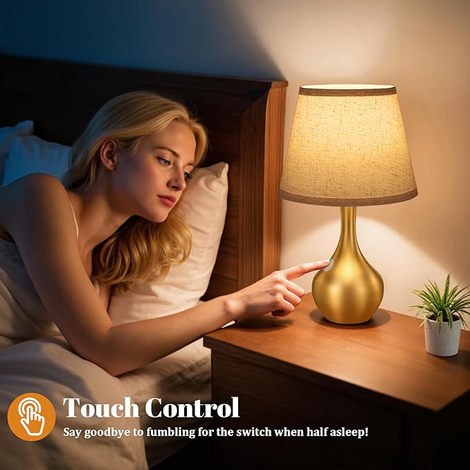 Seealle Touch Table Lamp for Bedroom, 3-Way Dimmable Small Bedside Lamps for Night Stands with Wires, Gold Desk Lamp for Kids Room, Office, Living Room, End Table(LED Bulb Included) - Bloomnest