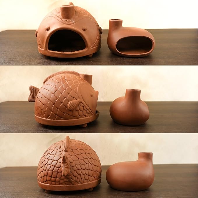 Large Fish-Shaped Terracotta Palo Santo Holder - Cone Burner for Sage,Chiminea Incense Dish with Chimney,Ideal for Meditation, Zen, Yoga, Spa & Wellness | Anxiety & Stress Relief Items MOUGIGI