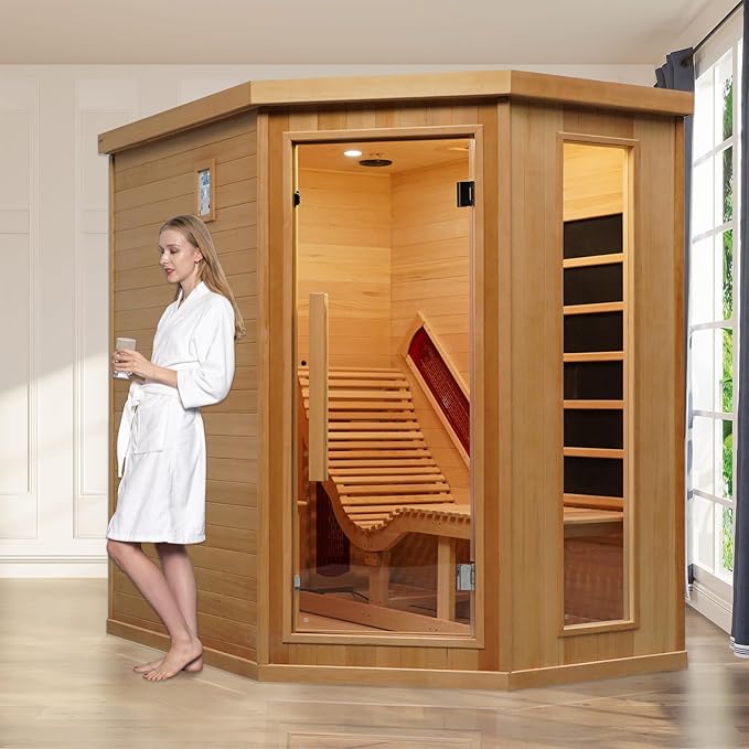 Smartmak Far Infrared Sauna Room with Recliner, 1 Person Indoor Canadian Hemlock Sauna Room, Carbon Crystal Heating Panel and Heating Tubes, 7 Color Light, Oxygen Bar, Bluetooth Speaker (220V, 2300W) Smartmak