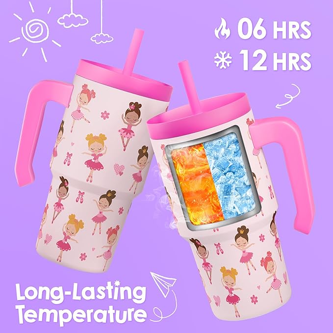Ballerina Tumbler 20oz with Handle and Silicone Straw Lid for Kid, Insulated Stainless Steel Cup, Gift for Kids Girls, Gifts Idea for Birthday Christmas Back to School - Bloomnest