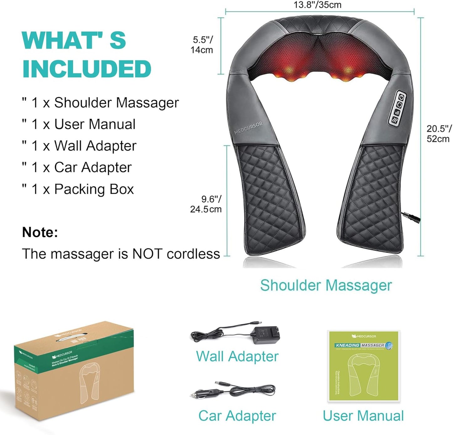Medcursor Neck Massager, Portable Electric Shiatsu Back Massage Device with Heat, Deep Tissue 3D Kneading Pillow for Muscle Pain Relief (No Battery)