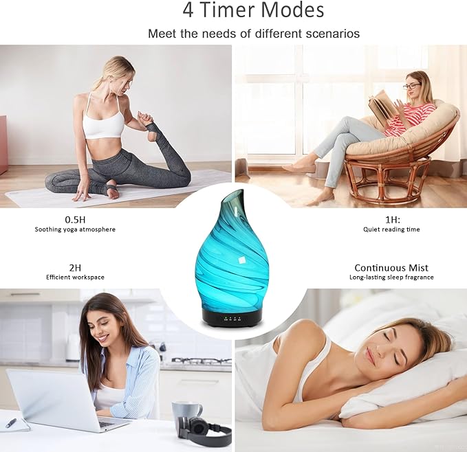 Essential Oil Diffuser 150ML, Glass Aromatherapy Diffuser with 4 Timer Settings & 7 Color Changing Lights, Waterless Auto Shut-Off, Ultra Quiet Oil Diffuser for Home, Office, Yoga, Spa and Sleeping - Bloomnest