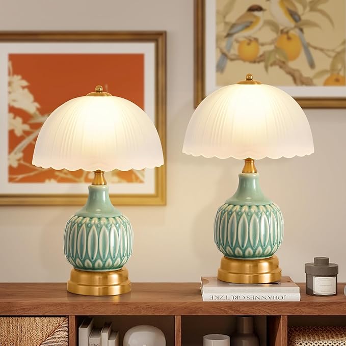 Table Lamps for Bedroom Vintage Golden Table Lamps for Bedroom Ceramic Retro Lamp for Living Room,16" Modern Bedside Nightstand Traditional Lamps, Classic Chinoiserie Green Glass Lamp for Home Decor - Bloomnest