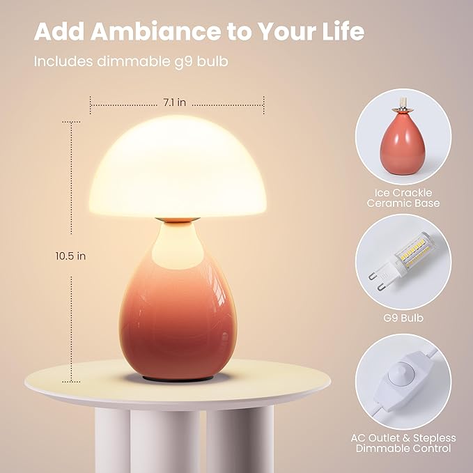 Mushroom Lamp Table Light, Mini Modern Lamp Bedside Small Table Nightstand LED, Small Light Dimmable for Bedroom, Living Room, Ceramic Base Glass Led Home Decor for Woman Children Gift - Bloomnest