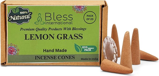 Bless International Lemon Gras 100%-Natural-Incense-Cones Handmade-Hand-Dipped Organic-Chemicals-Free for-Purification-Relaxation-Positivity-Yoga-Meditation The-Best-scents (20 Count) BlessInternational