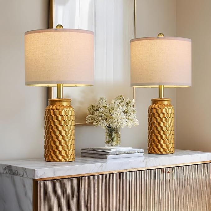 20.5" Gold Modern Ceramic Bedside Lamp Set of 2 for Bedroom Decor Farmhouse Table Lamp for Living Room Office Dorm - Bloomnest