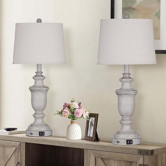 Farmhouse Table Lamps Set of 2 with USB Charging Port for Rustic Living Room Retro Bedroom,3-Way Dimmable Touch Lamp Resin Bedside Lamps for Nightstand Side End Table,Color 2 - Bloomnest