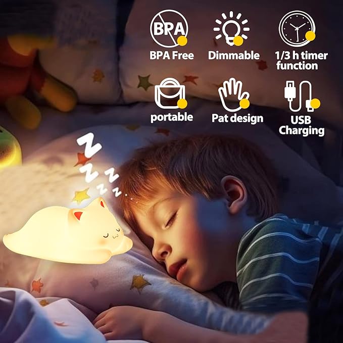 Tremdwoto Cat Night Light for Kids,Cute Colorful Night Light Baby Girl Squishy Night Lights Lamp 1/3 Hour Timer Kitty Light Dimmable Nursery Nightlight,Children's Room Decor，Gifts for Boys and Girls - Bloomnest