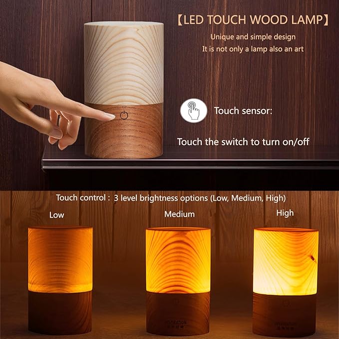 LED Wood Lamp Portable Touch Sensor-Controlled Night Lamps with Adjustable 3-Level Brightness Warm Light for Bedside/Candle-lit Dinner/Coffee Shops and Bars/Courtyard/Camping - Bloomnest