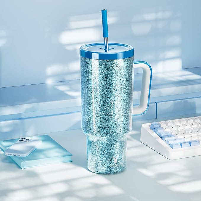 Meoky 40 oz Tumbler with Handle for Travel: Stainless Steel Insulated Tumbler with Lid and Straw - 100% Leak Proof Tumbler for Car Road Trips - Travelers Commuters Workers, Crystal - Bloomnest