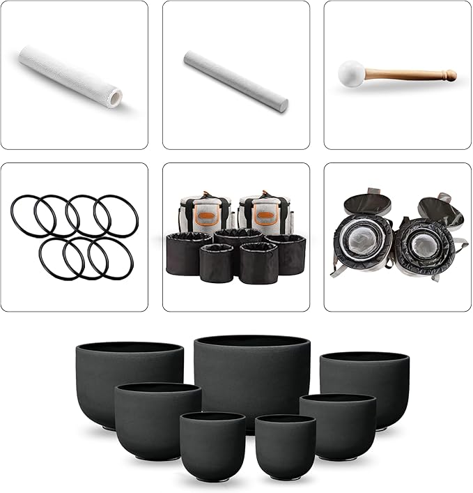 Ryan Dvan 7-12 Inch Black 7 Crystal Singing Bowl Set Frosted Quartz Crystal Sound Therapy Kit with Mallets 2 Cases O-Ring for Yoga Meditation Energy Balancing Reiki Healing - Bloomnest