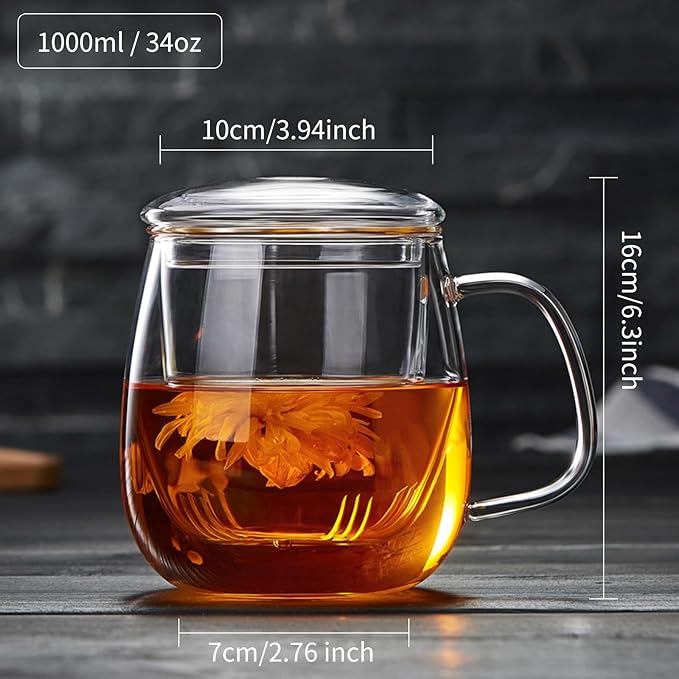 Large Glass Tea Cup, 34 oz Borosilicate Glass Tea Mug with Infuser and Lid, 1000ML Clear Tea Cups for Brewing Scented Tea and Tea Bag - Bloomnest