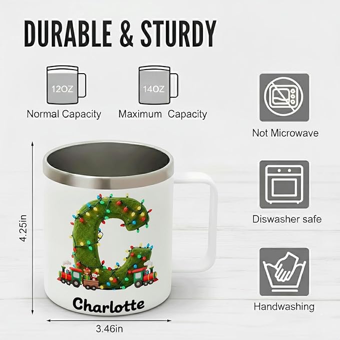 Personalized Kids Christmas Mug with Name, 12oz Insulated Tumbler with Handle, Custom Train Initial Cup, Holiday Xmas Gift for Boys, Son, Toddler Stocking Stuffer(B05) - Bloomnest