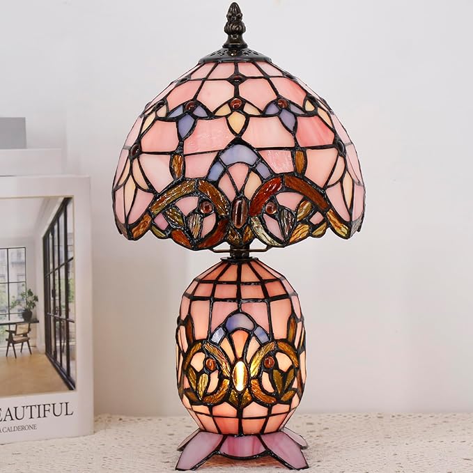 Small Tiffany Lamp Stained Glass Table Lamp Mini Mother Daughter Vase Desk Accent Light for Bedroom Bedside Reading Home Antique Style Decor 8X14 Inches (Pink Baroque) - Bloomnest
