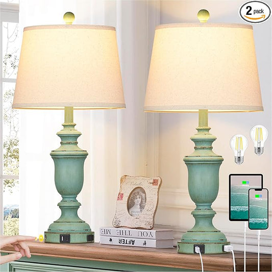 25.6" Farmhouse Table Lamps Set of 2 with USB C+A Ports & AC Outlet for Rustic Living Room Retro Bedroom,3-Way Dimmable Touch Lamp Bedside Lamps for Nightstand Side End Table,Retro Green - Bloomnest