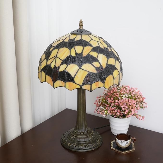 Tiffany Lamp Black Bat Style Stained Glass Table Lamp Vintage Bedroom Bedside Light for Home Dorm Office Art Craft Antique Decor Accent Aesthetic Nightstand Reading Light 12x12x19 Inches - Bloomnest