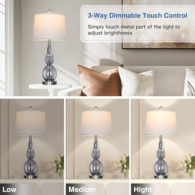 27.5" Gray Clear Glass Table Lamp Set of 2,3-Way Dimmable Touch Control Bedside Lamps with USB Ports and AC Outlet, Modern Nightstand Lamps for Bedroom Living Room - Bloomnest