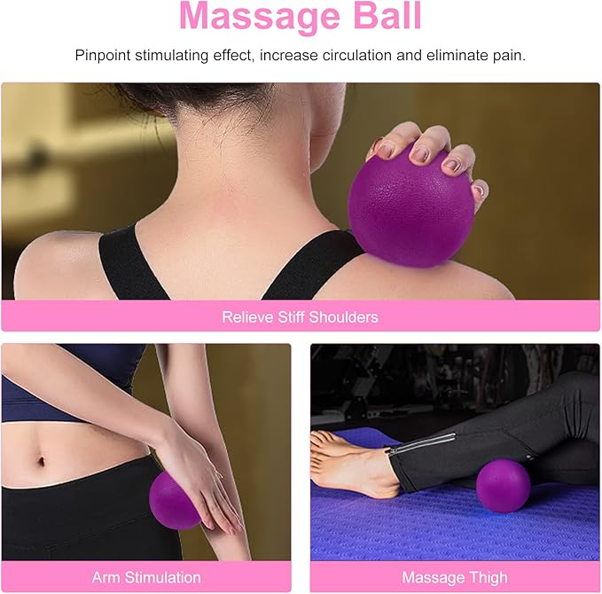 5 in 1 Foam Roller Set Includes Hollow Core Massage Roller, Yoga Stick, Massage Ball, Fitness Stretching Strap, Carrying Bag, Towel, Massage Roller (Pink) - Bloomnest