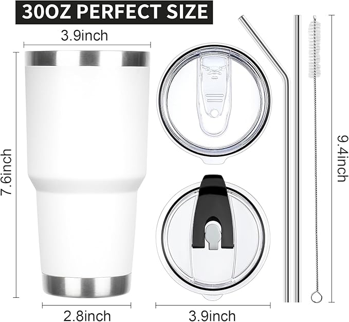 30 oz Tumbler with Lids and Straws Double Wall Insulated Tumbler Cup,Stainless Steel Leak-proof Thermal Coffee Tumbler Powder Coated Travel Mug for Cold and Hot Beverages,White - Bloomnest