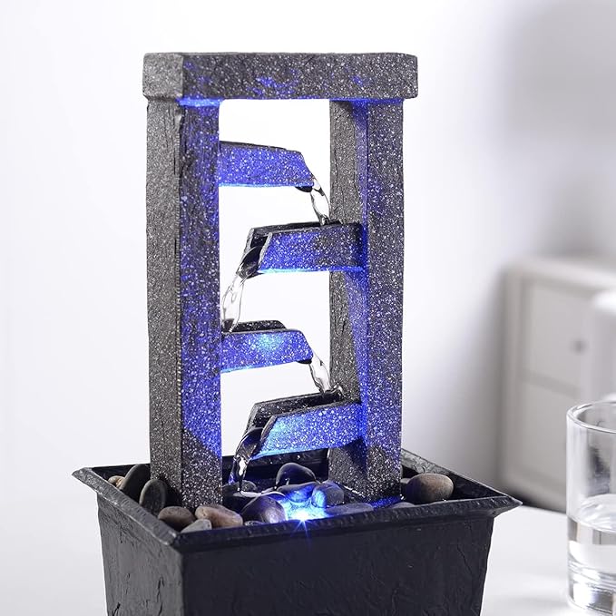 GOSSI 10" H 4 Tiered Cascading Rectangle Indoor Desktop Fountain with Natural River Rocks and RGB Color Changing LED Lights Home/Office Decoration Meditiation Resin waterfull Tabletop Fountain - Bloomnest