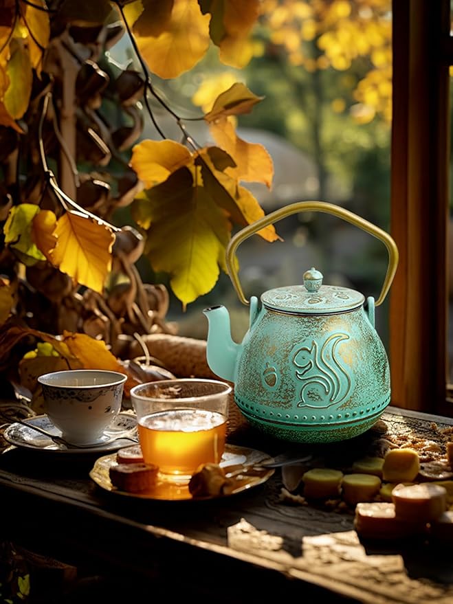 Toptier Teapot with Removable Infuser, Cast Iron Tea Kettle Stovetop Safe, Squirrel Design Tea Pot Coated with Enameled Interior for 32 Ounce (950 ml), Aqua - Bloomnest