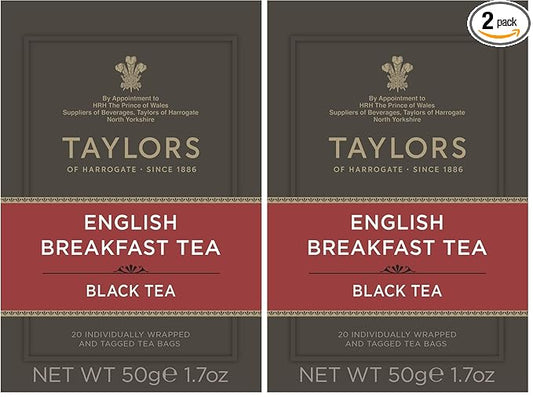 Taylors of Harrogate English Breakfast,Black Tea,Individually Wrapped Bags,Rich,Bright & Malty,Caffeinated,Enjoy Hot or Iced,20 Teabags,20 Count (Pack of 2) - Bloomnest