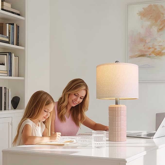 PoKat 20.75" Pink Ceramic Table Lamps Set of 2, Small Modern Bedroom Lamps for Girls Room, Bedside Lamps for Night Stands, Cute Lamps for Living Room Decor, Nightstands Desk Lamp, Light Pink - Bloomnest