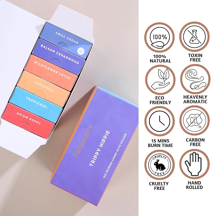 Folkulture Incense Cones Scented | Set of 6 Fragrances (120 Cones) with Incense Cones Holder | Opium Poppy Patchouli Incenses | Mango Pineapple, Balsam Cedarwood | Organic Variety Pack Inscents