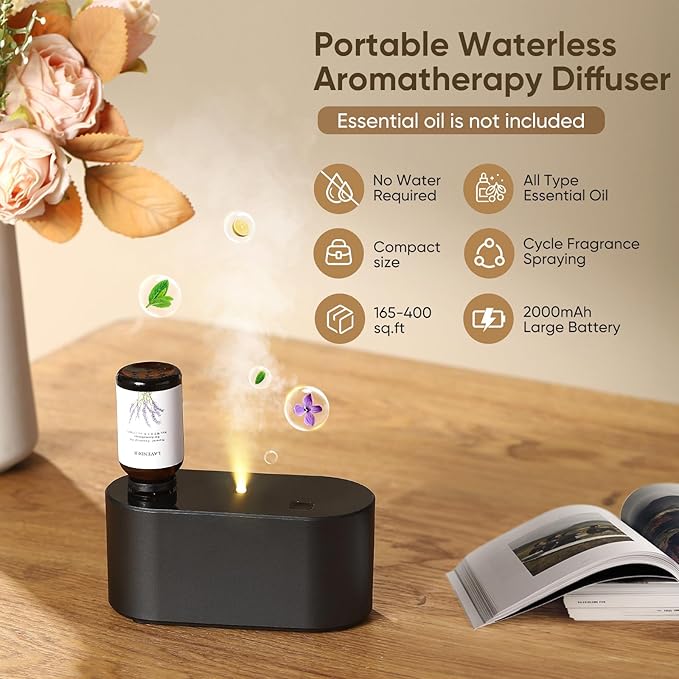 Waterless Diffuser for Home Essential Oil Diffuser, Aromatherapy Diffuser, Portable Scent Diffusers, 3 Mist Modes, Cycle Start for Bedroom, Office Studio 350-700 sq. ft Black - Bloomnest