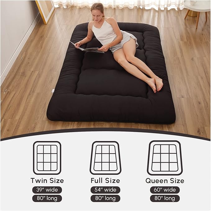 Japanese Floor Mattress, Futon Mattress with Portable Storage Bag and Washable Cover, Roll Up Thick Tatami Mat Suitable for Camping, Guest Room, Black, Twin - Bloomnest